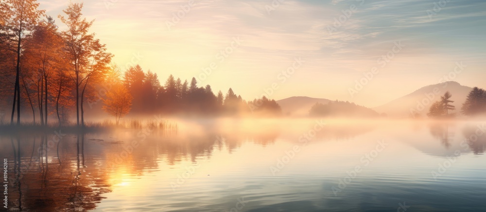 Poster the serene autumn morning by the sunlit lake was blanketed with a gentle fog creating a tranquil sce