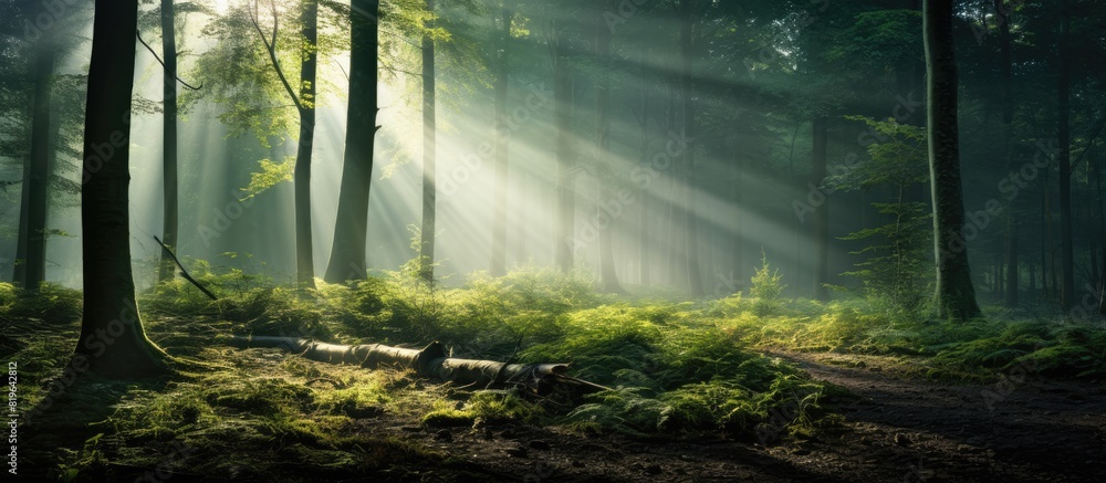 Poster scenic mist filled ancient forest with sunlight filtering through shadows and fog ideal for a copy s