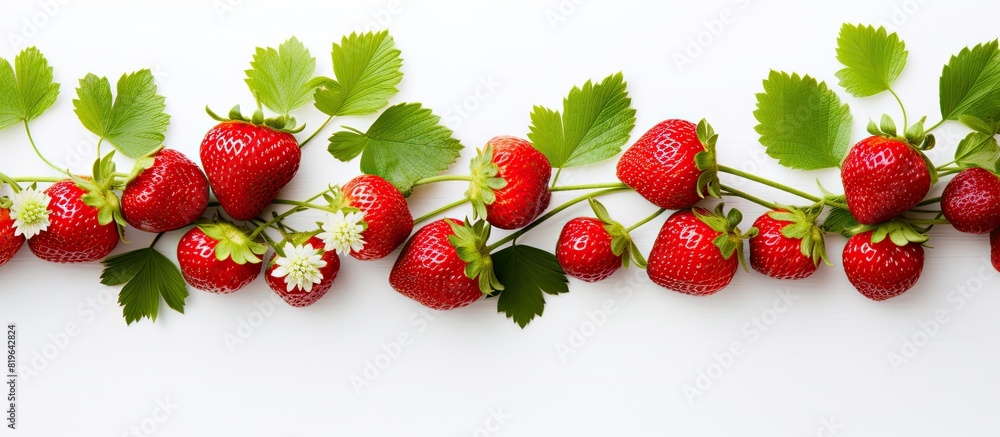 Poster Fresh strawberries with vibrant green leaves arranged on a clean white surface creating a visually appealing copy space image