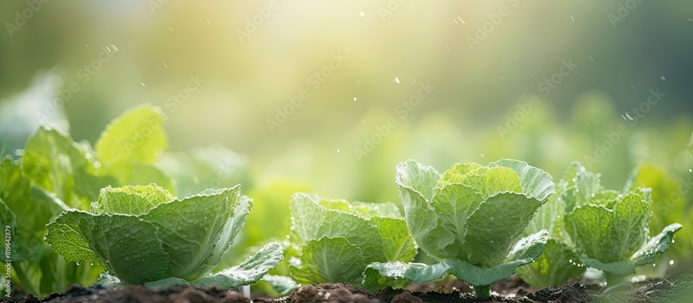 Poster Young plants of white cabbage Brassica oleracea var capitata L are shown in a gardening setting with copy space image