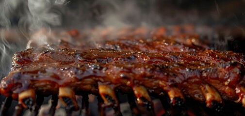 An enticing close-up of perfectly charred BBQ ribs glistening with caramelized sauce as they slowly...