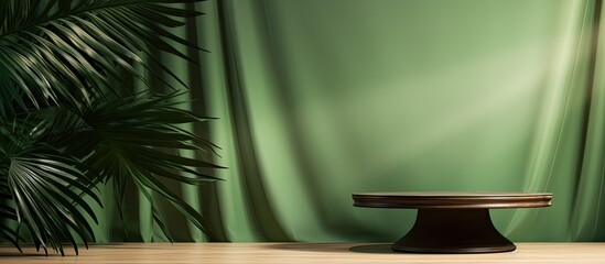Wooden podium with a green background beige curtain palm leaf shadow designed for cosmetic product presentation with empty showcase for product displayed including a copy space image