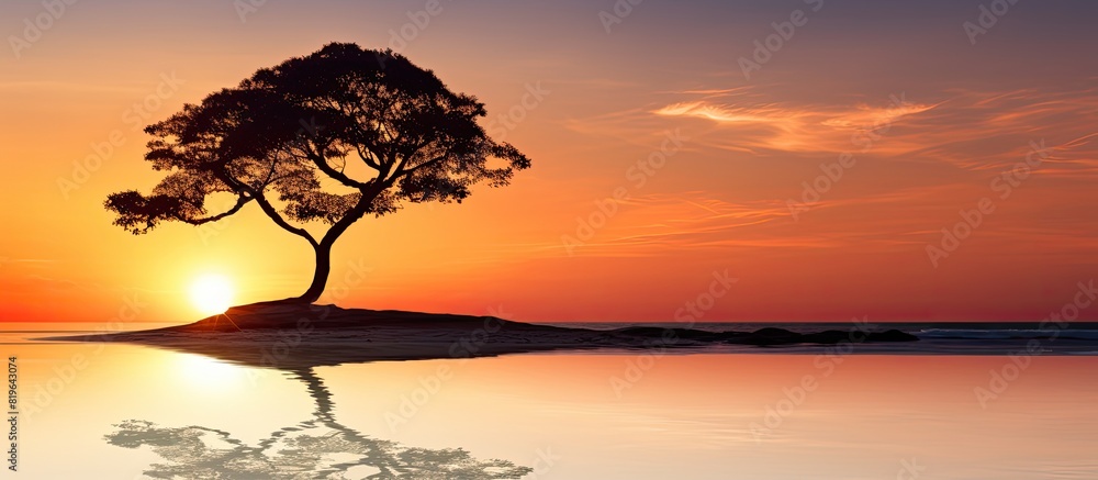 Poster sunset on the beach with tree silhouette in the tranquil setting providing ample copy space image