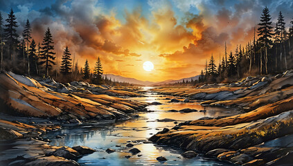 Obraz premium A breathtaking sunset over a serene mountain river, with towering evergreen trees silhouetted against a fiery sky reflected in the calm waters. 8k