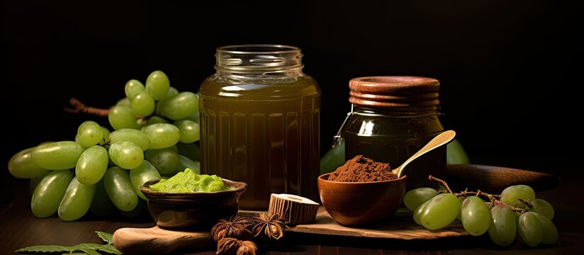 Amla and its products such as Chyawanprash juice digestive supari powder sweet murabba and pickle displayed over a moody backdrop with selective focus on the copy space image
