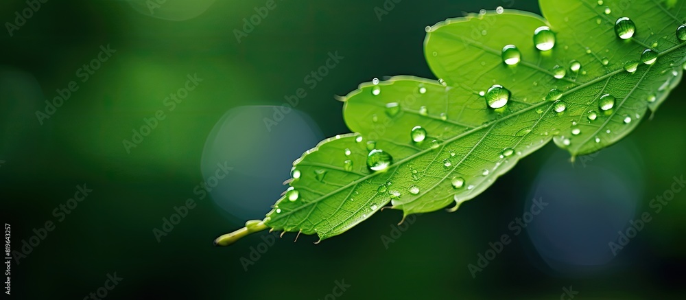 Poster A verdant leaf adorned with glistening water droplets against a backdrop of nature with copy space image