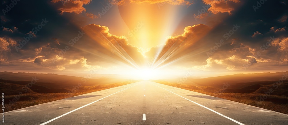 Aufkleber an empty road with the sun breaking through clouds above perfect for a copy space image
