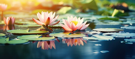 Lotus bloom in pond with nature background stunning close up image with copy space - Powered by Adobe