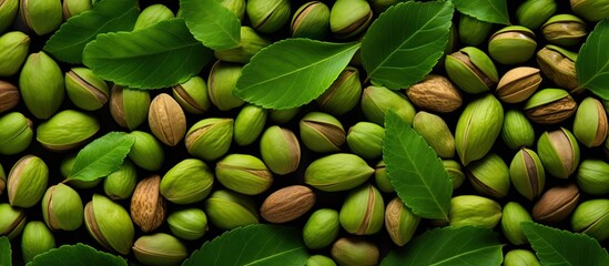 Closeup of a vibrant green pattern composed of filbert nuts and leaves perfect for a copy space image