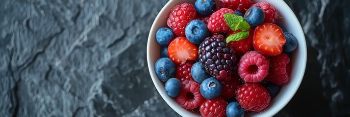 A white ceramic bowl overflowing with various ripe berries and vibrant red raspberries