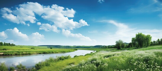 Sunny summer day featuring a river and a field with a serene landscape and copy space image