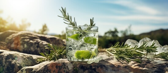 Enjoy refreshing beverages served with ice and a sprig of rosemary at a picnic in the great outdoors with a pretty copy space image included