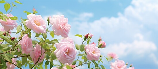 Soft pink rambler roses against a light blue sky with a blurred background in a romantic rural garden scene in early summer featuring a dreamy floral arrangement and space for adding text or images