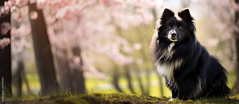 Poster a black fluffy canine wanders through the park during spring looking rather forlorn in the serene se