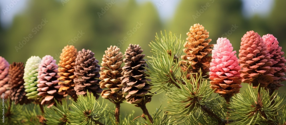 Poster coniferous trees displaying a variety of cones in their inflorescence providing a captivating copy s