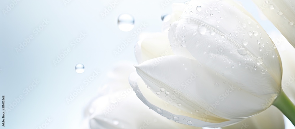 Poster close up white tulip with dew drops and rain captured under the spring summer sunlight suitable for 