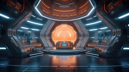 Futuristic spaceship interior with blue. Sci-fi control room concept art. A futuristic room with a glowing orb in the center. Research lab or space station decorated with blue neon color. AIG35.