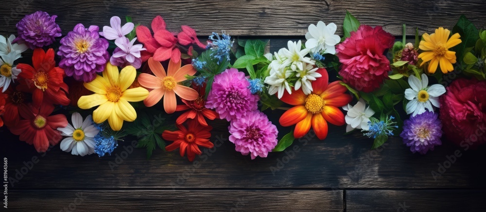 Poster Top down view of garden flowers against a wooden backdrop with ample copy space image available