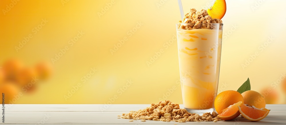 Poster delicious orange mango smoothie topped with crunchy granola assorted fruits and a blank space image 