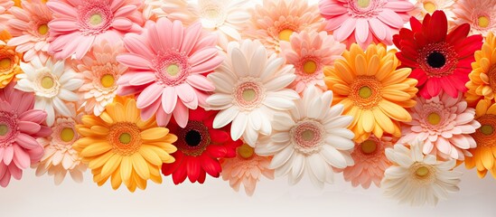 Obraz premium A colorful collage of gerbera flowers in shades of orange pink yellow and white set against a blank copy space image