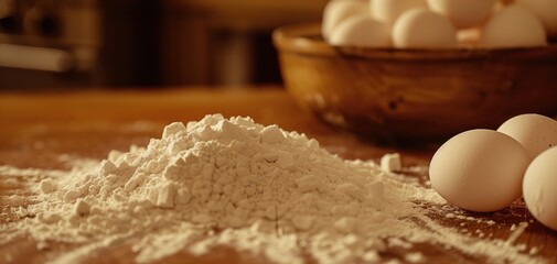 An intimate close-up image of flour and eggs delicately arranged on a wooden countertop, radiating a serene and inviting atmosphere - Powered by Adobe