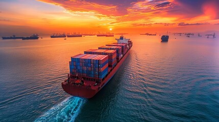 A large cargo ship is sailing through the ocean with a bridge in the background