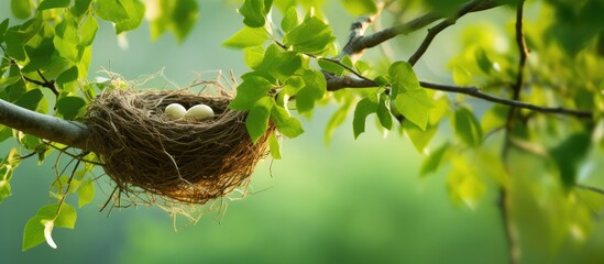 Bird nest on a tree branch with green leaves offering copy space image - Powered by Adobe