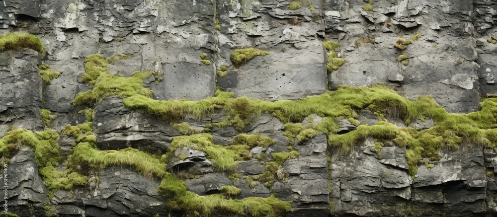 Poster close up image of rugged gray textured cliff covered in moss and lichens creating a stunning backgro