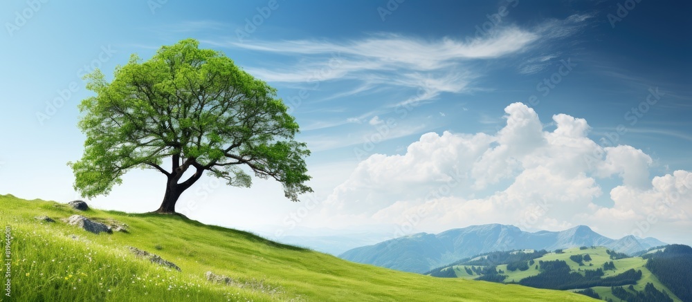Aufkleber summer view of a tree on a mountain slope with ample copy space image