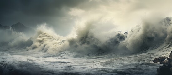 A stormy sea with powerful waves crashing on the pebbled beach creating a dramatic scene for a copy space image