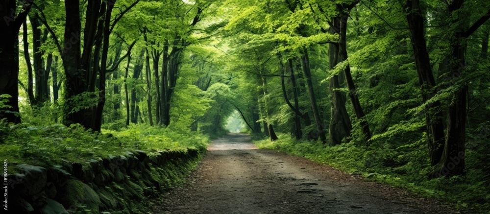Poster stroll through the peaceful forest with lush green trees and a serene atmosphere perfect for relaxat