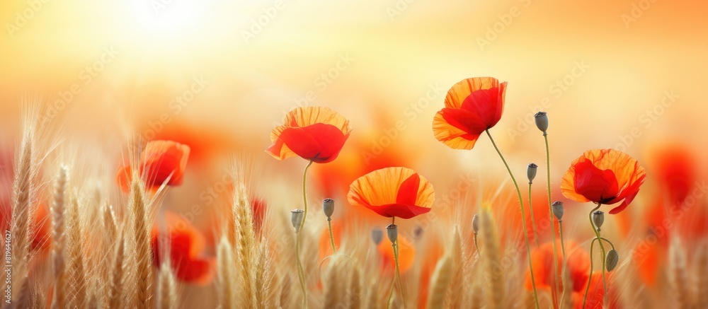 Poster blooming red poppies in a wheat field with copy space image