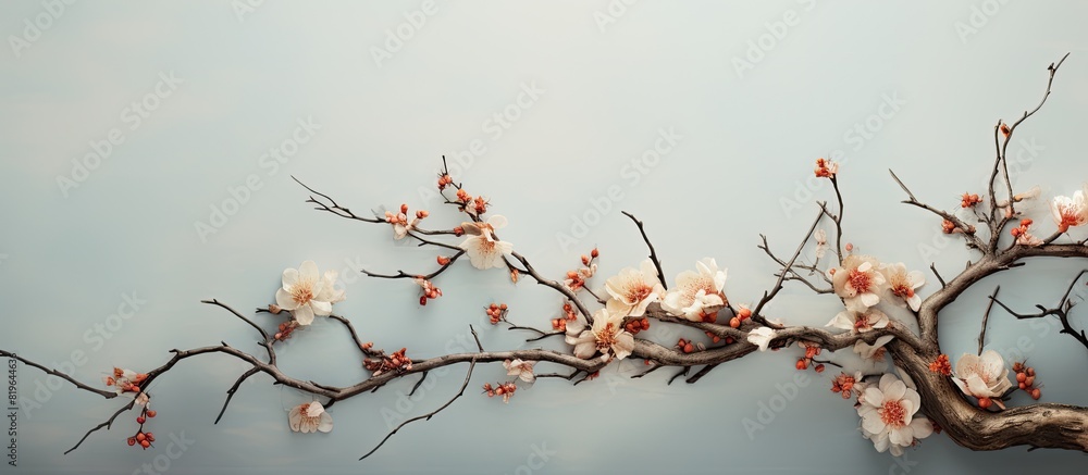 Poster detailed nature elements include a tree branch flowers and leaves showcasing their beauty in a seren