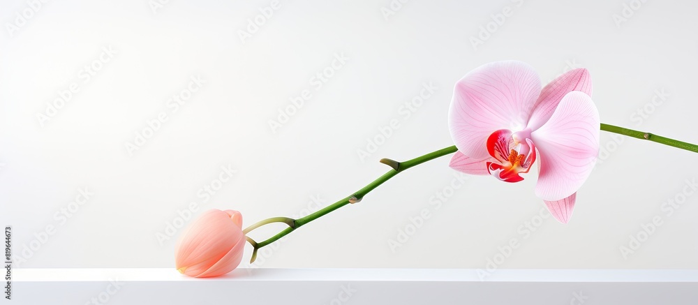 Poster front view of a single pink orchid in focus set against a white background in an image with free spa