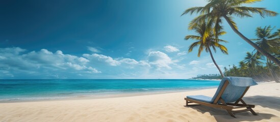 Scenic tropical beach lined with palm trees and sunbeds ideal for relaxing or lounging with a serene copy space image
