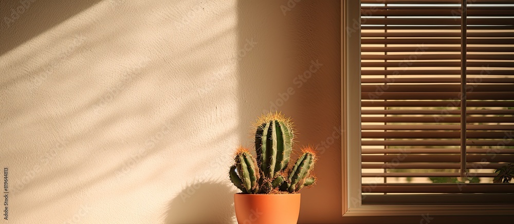 Poster a cactus displayed near a window creating a tranquil ambiance with copy space image available