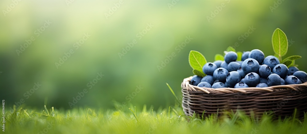 Aufkleber blueberries placed in a rustic wicker basket set against a backdrop of lush green grass creating a s