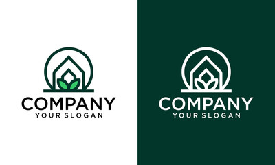 Creative circle Green house logo design. Vector illustration of nature plant house icon design. Modern design line logo template