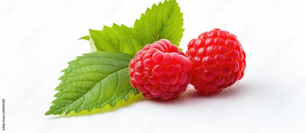 Aufkleber raspberry with vibrant green leaves depicted on a clean white backdrop with ample copy space image