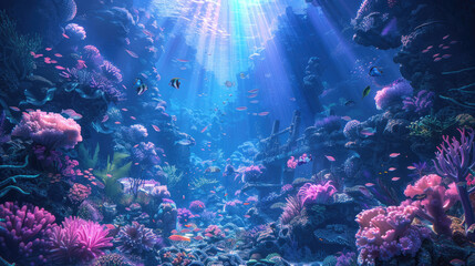 Underwater world. Colorful coral reef with exotic fishes.