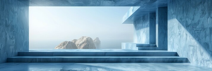 Interior room with a window showing a panoramic view of a towering mountain range