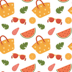 Summer seamless pattern with watermelon, orange, and sunglasses on a white background. Summer background. Design for textiles, wrapping paper, notebooks, notepad.
