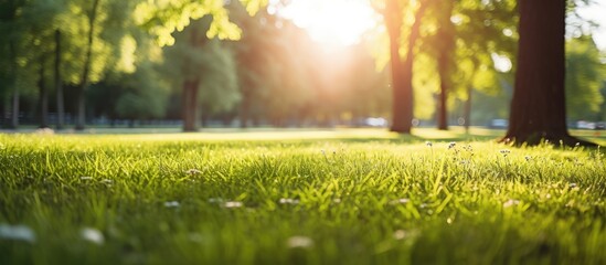 Lush green grass in a public garden park with sunlight filtering through trees providing a scenic landscape ecology setting perfect as a wallpaper with copy space image