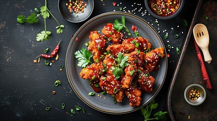 An overhead view of a meticulously plated serving of spicy Korean fried chicken tenders, adorned with a generous drizzle of chili sauce, set against a backdrop of rustic kitchen utensils and herbs