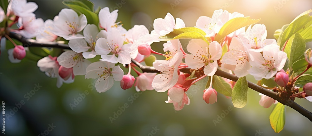 Poster apple blossom on an apple tree in a domestic garden setting with the background intentionally blurre