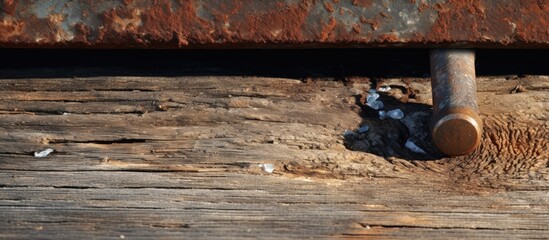 An aged corroded timber bolt found within the wooden floor of a former pier with a blank area suitable for inserting an image. Copy space image. Place for adding text and design