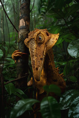 creatures of ai // exotic new species with long snout, wide eyes and short legs, gold dragon in the jungle, alien creature playing hide and seek, photorealistic // ai-generated 