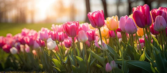 Gordijnen Liliaceae family pink tulips blooming in the park garden creating a colorful spring scene The flowers provide a natural backdrop with a vibrant display of seasonal plants and suggest a peaceful setti © Ilgun