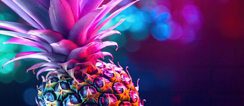 Neon light enhances the close up texture of fresh ripe pineapple in a vivid copy space image