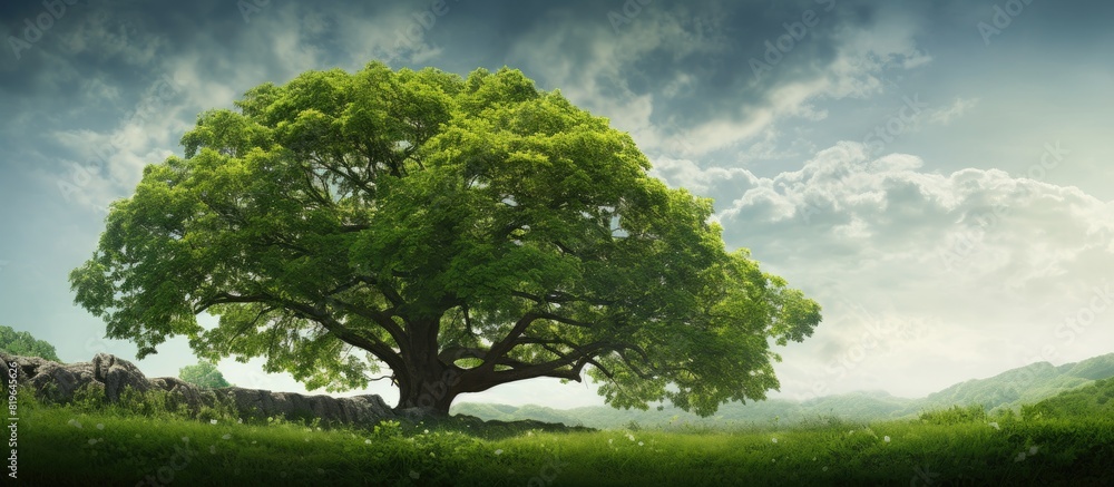 Poster a large tree with lush green leaves in spring set against a natural backdrop with room for text or o